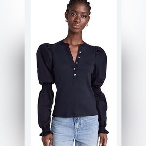 Veronica Beard Black Puff-Sleeve Henley Blouse